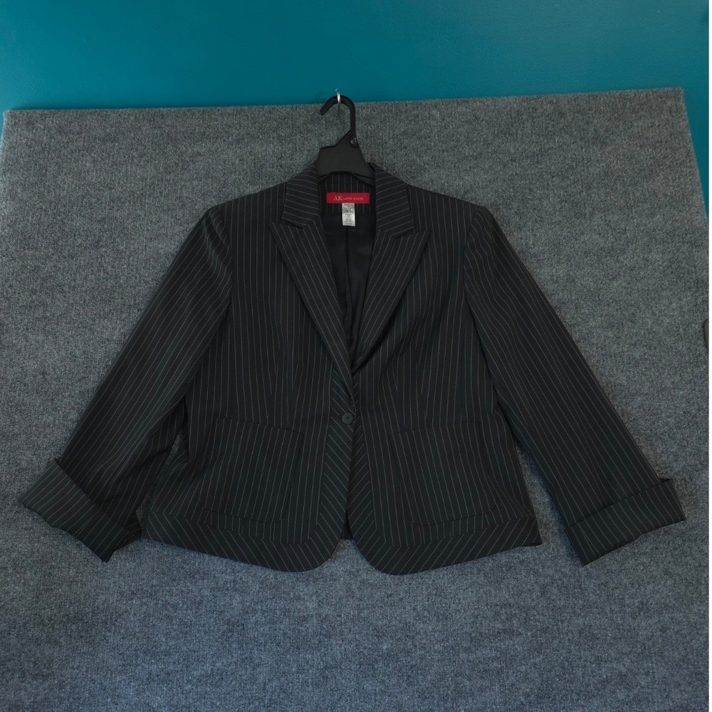 Anne Klein Pinstripe Single Button Blazer 16 Black Wool Blend Stretch Corporate